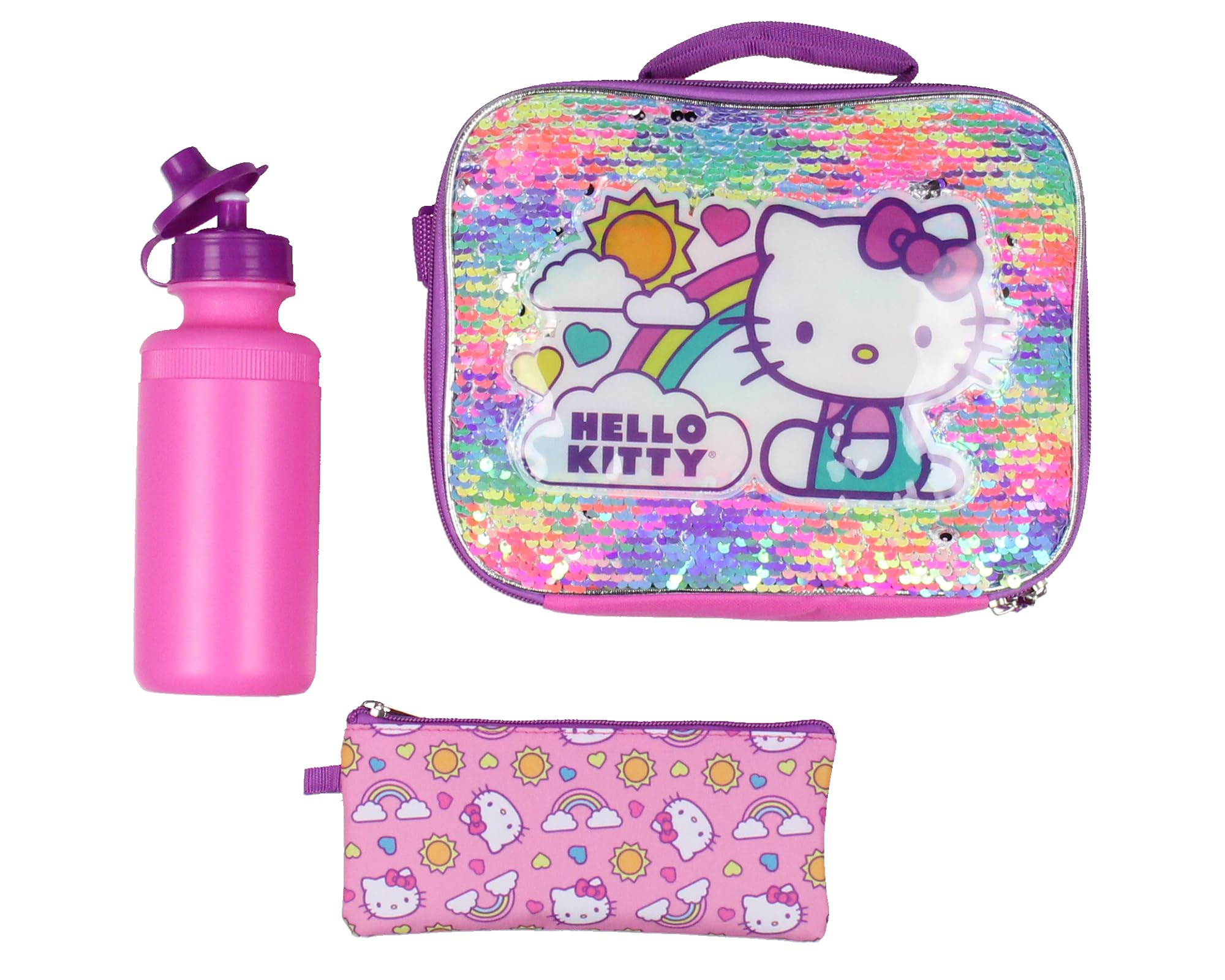 Accessory Innovations Hello Kitty backpack next to school books to show 16-inch size and packing capacity