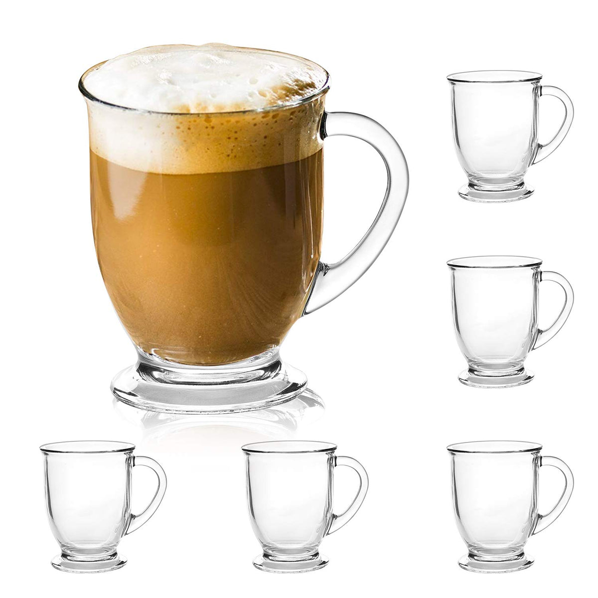 Accguan front view of six 15oz glass mugs showing set and clarity benefits