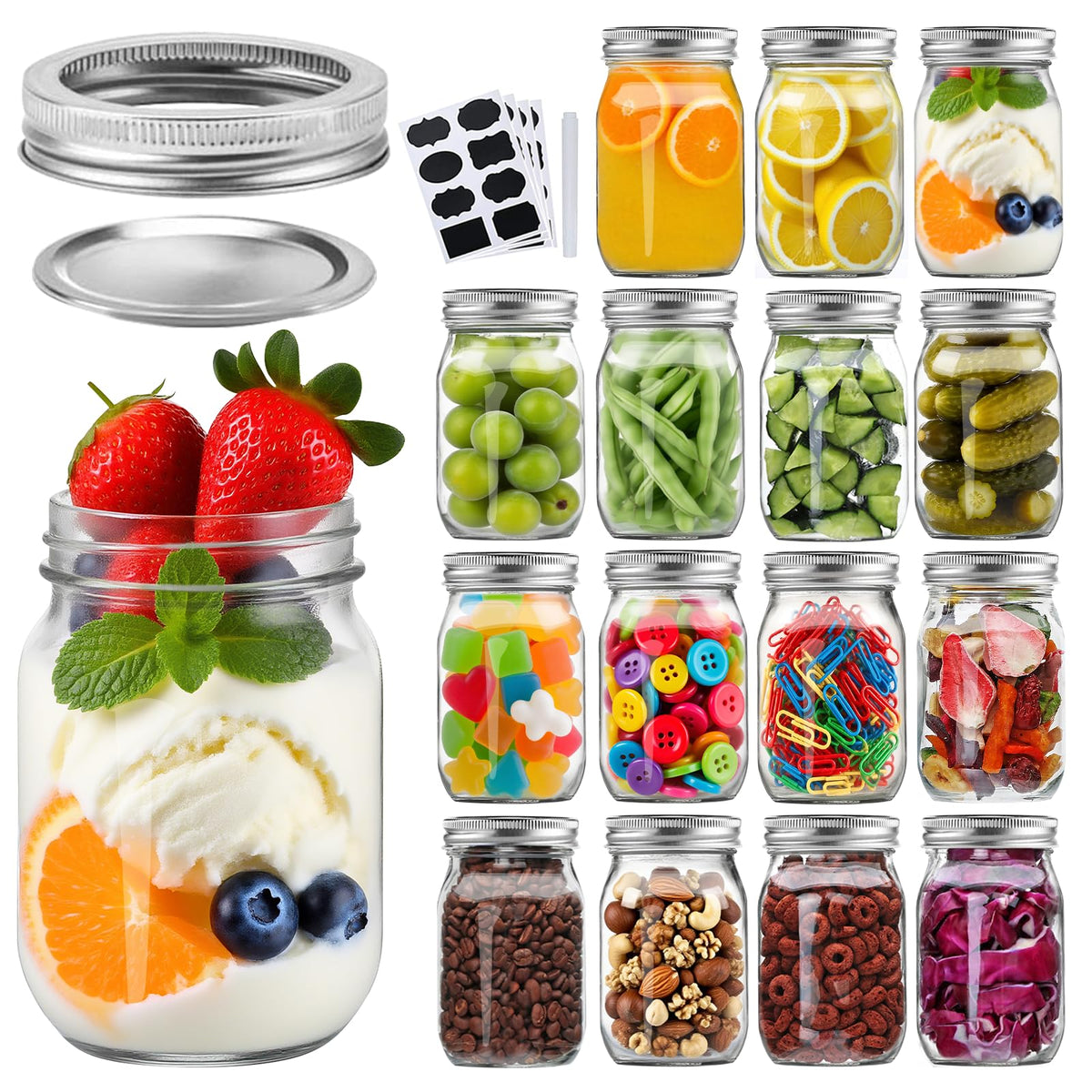 Accguan front-packaging showing 16 glass jars and lids for organized storage