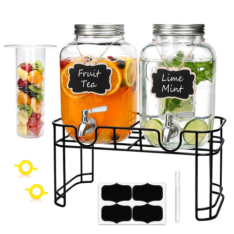 Accguan front view showing both glass dispensers and stands, clear beverage visibility benefit