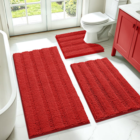 ACCUMTEK front view of burgundy striped three-piece rug set showing coordinating sizes and color benefit
