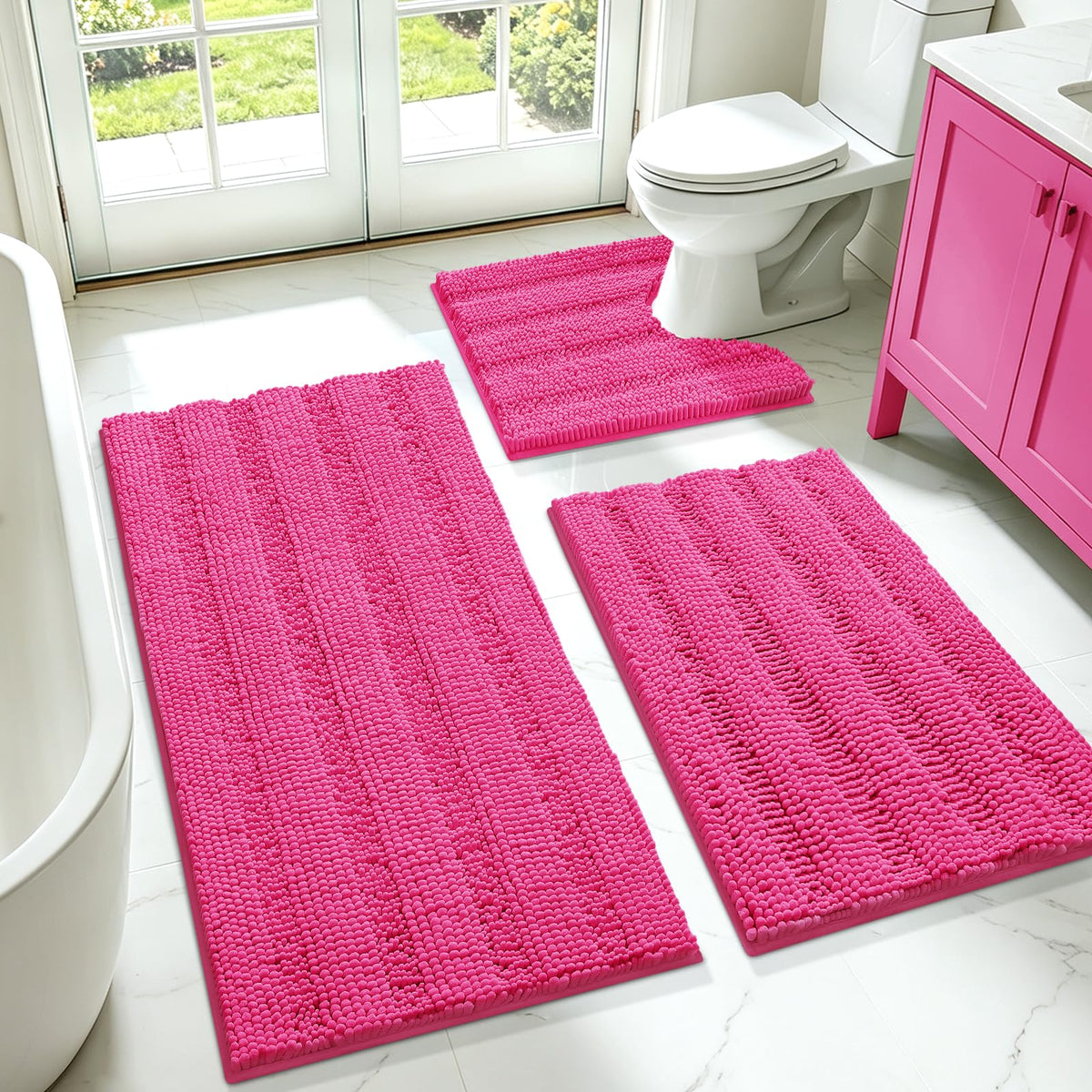 ACCUMTEK front view of hot pink striped 3-piece set showing festive design and comfort