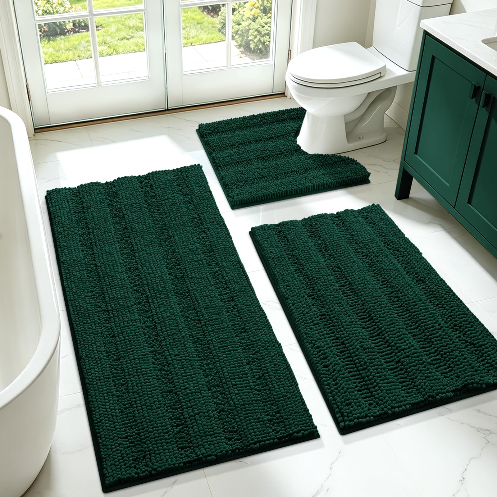 ACCUMTEK front view showing holiday striped deep green rug set and soft appeal