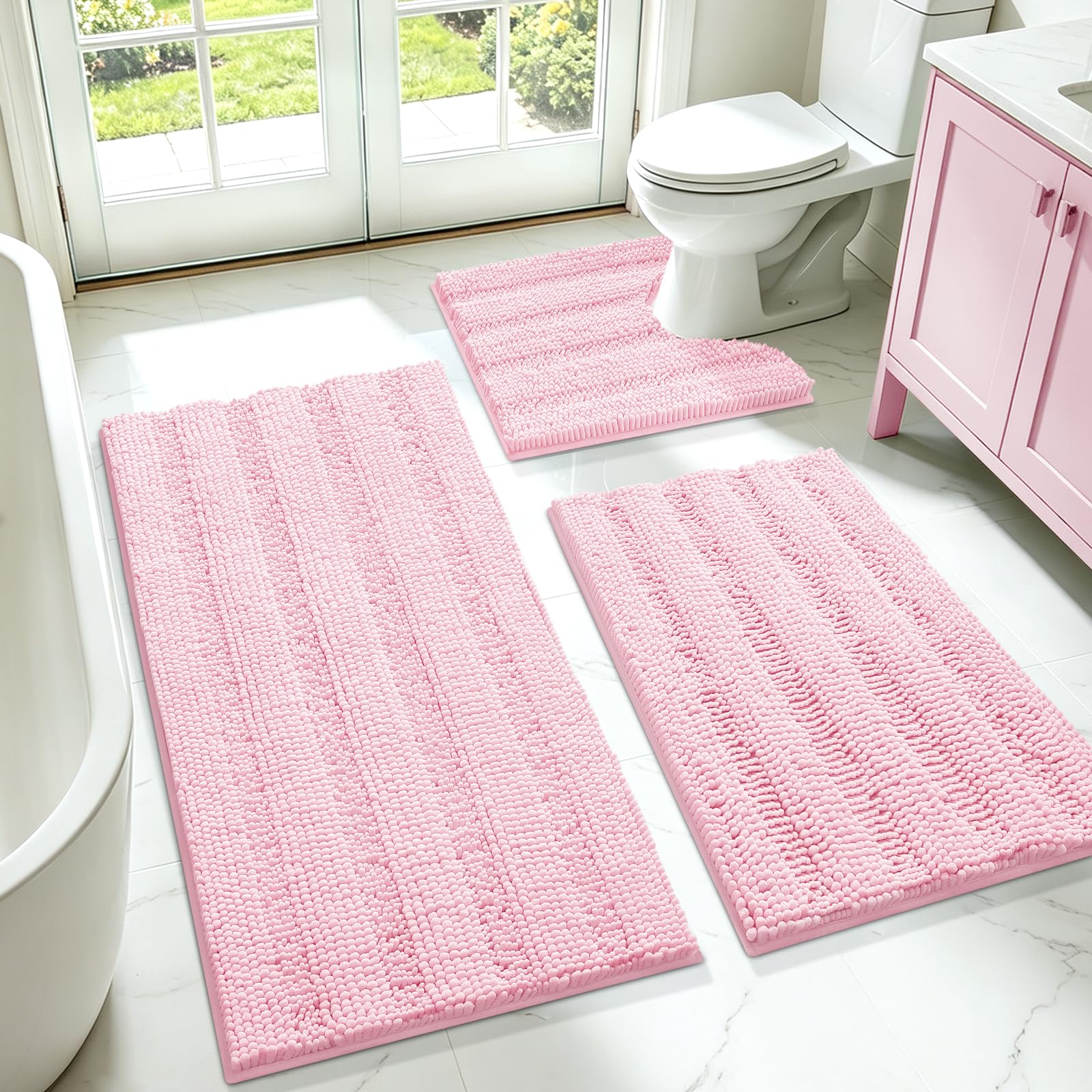 ACCUMTEK front view of pink striped three-piece set showing festive design and comfort