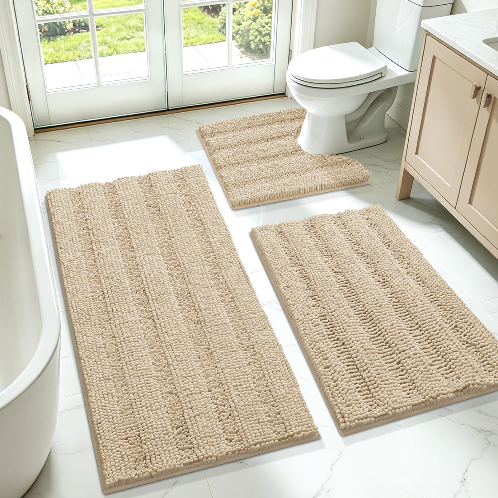 ACCUMTEK front view of striped beige rug set showing neutral elegance and comfort