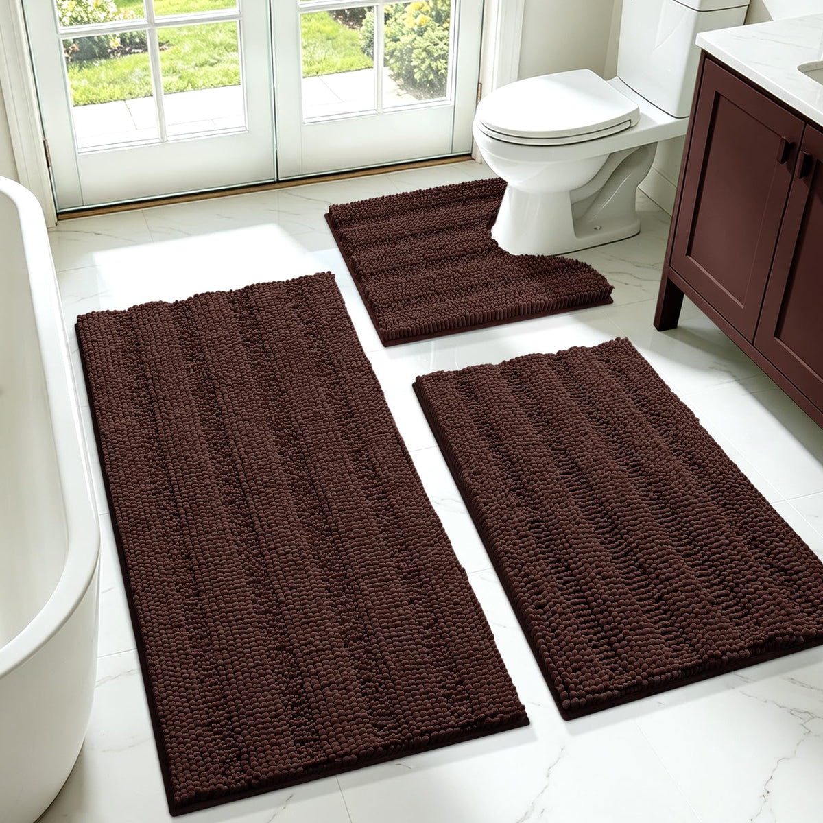 ACCUMTEK front view of three-piece striped brown rug set showing coordinated look and softness