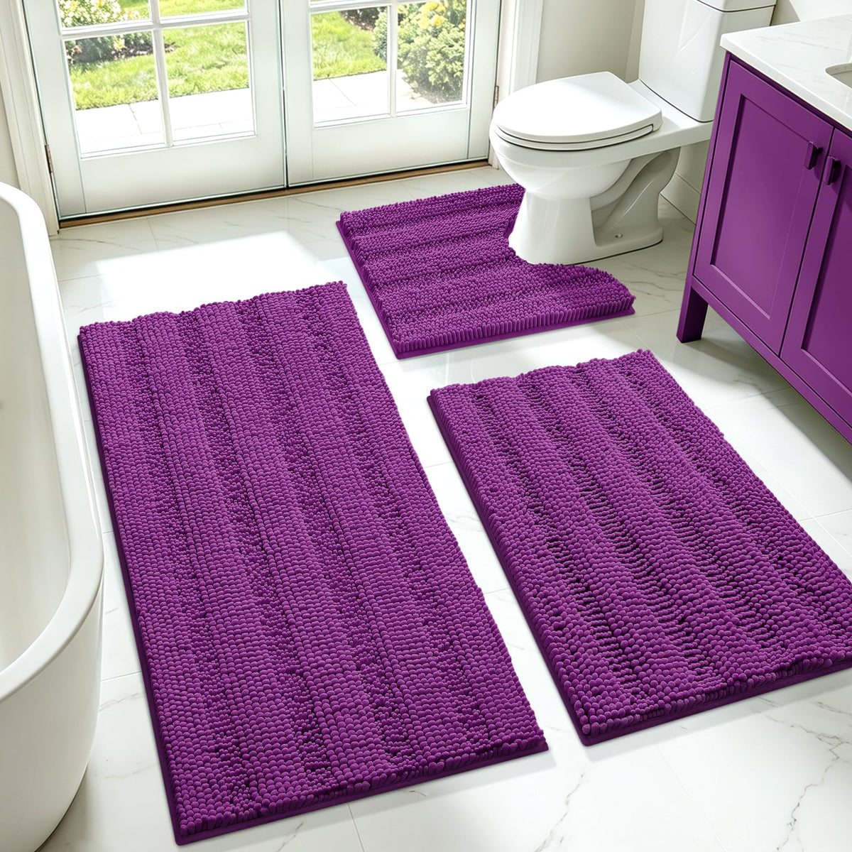 ACCUMTEK front view of striped purple rug set adding style