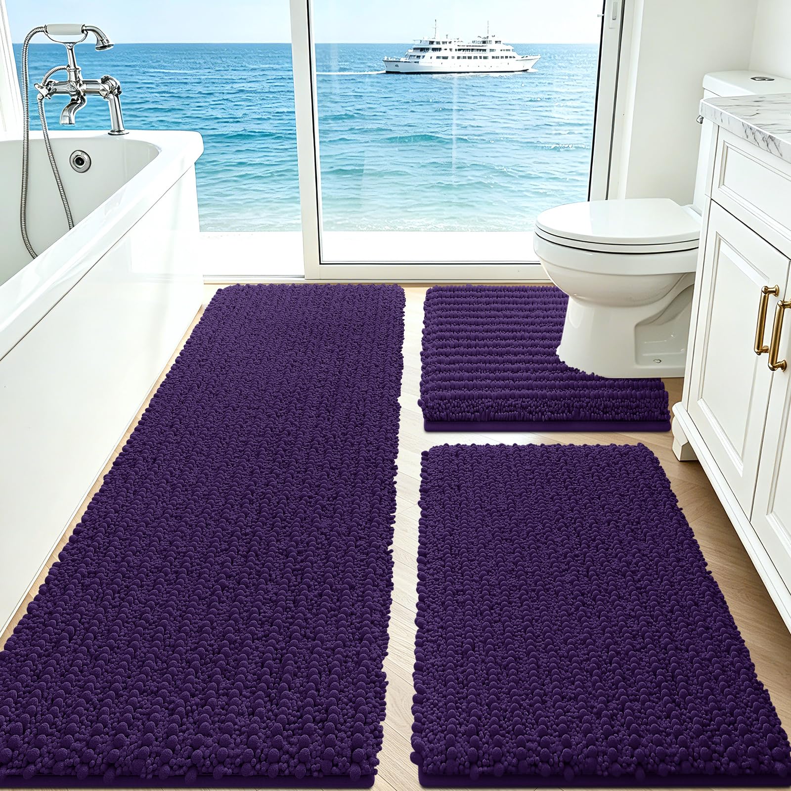 ACCUMTEK front view of 3-piece dark purple bath rug set showing cohesive look and comfort