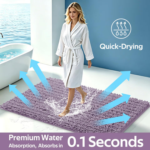 ACCUMTEK extra-large lavender rug beside tub showing absorbency and warmth