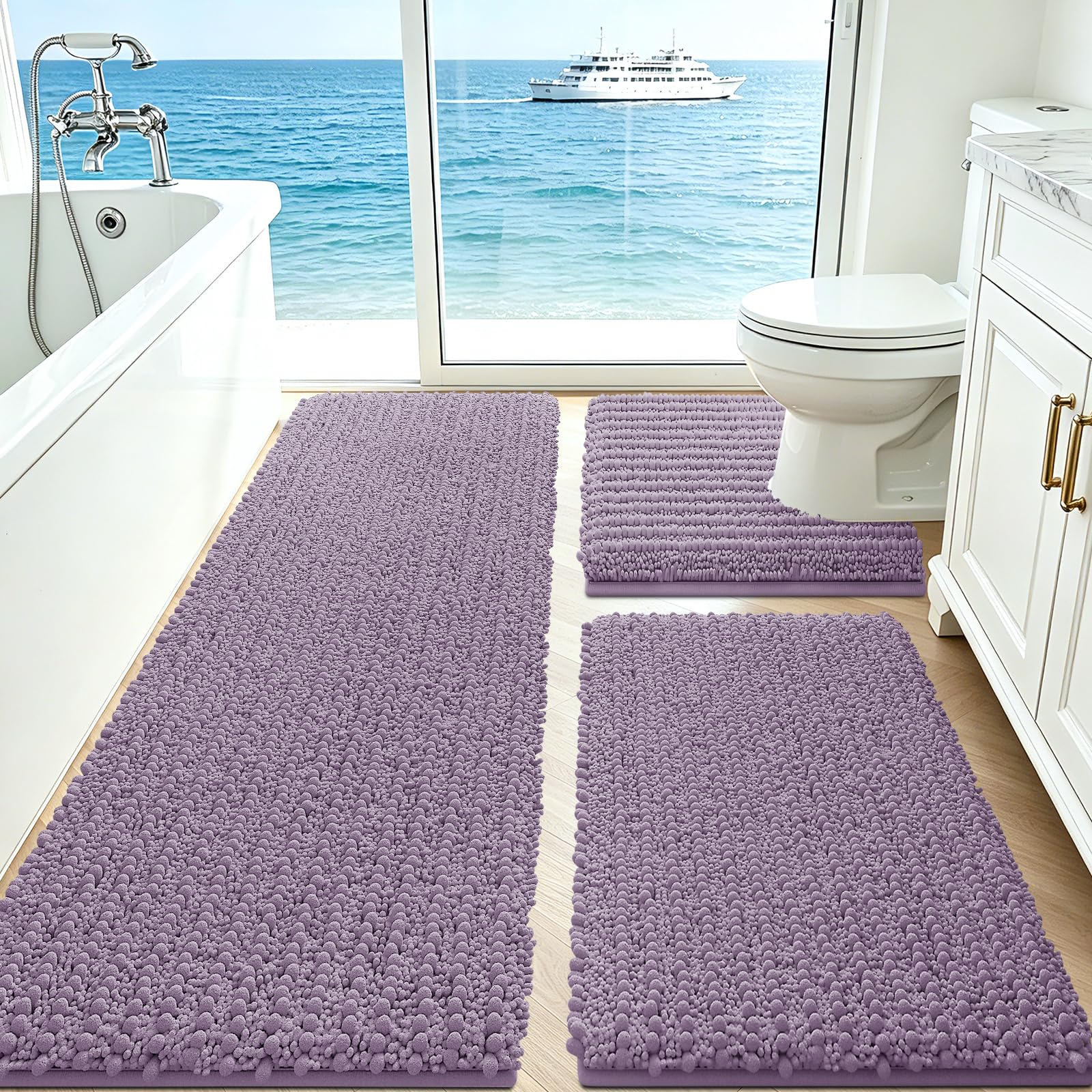 ACCUMTEK front view of lavender rug set showing packaging and pieces, highlights value
