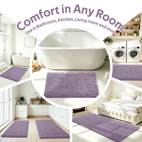 ACCUMTEK styled bathroom scene with lavender rugs adding cozy decor