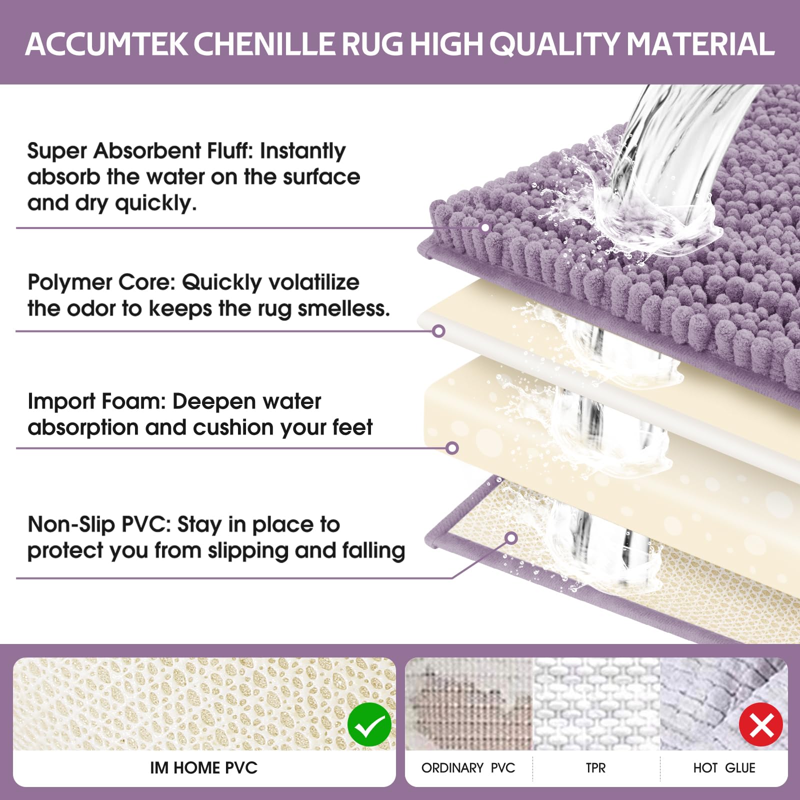 ACCUMTEK rug underside showing PVC non-slip backing for secure grip