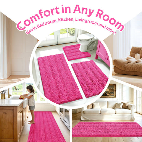 ACCUMTEK styled bathroom scene with hot pink rugs adding color and soft comfort