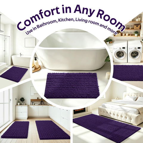 ACCUMTEK styled bathroom scene with dark purple rugs adding warmth and coordinated decor