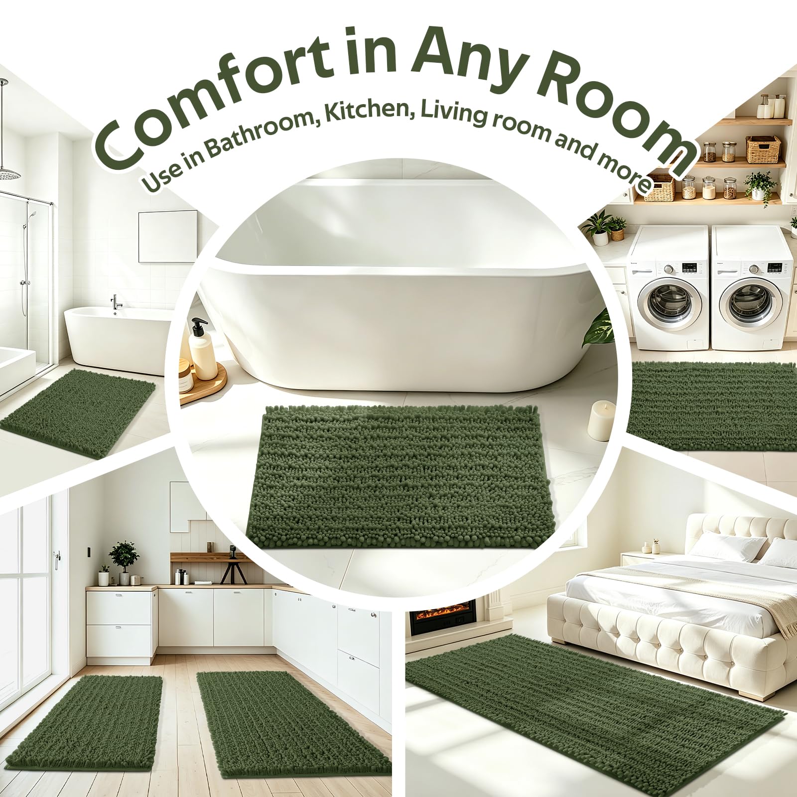 ACCUMTEK lifestyle bathroom setting showing coordinated green rugs enhancing decor
