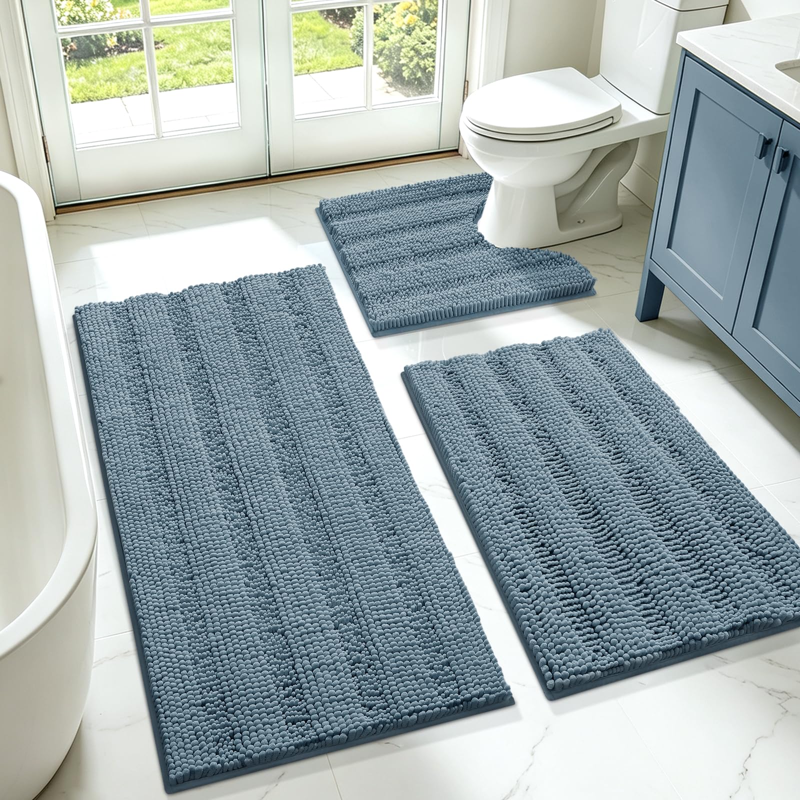 ACCUMTEK SmileYes front view showing three-piece stone blue rug set and plush comfort