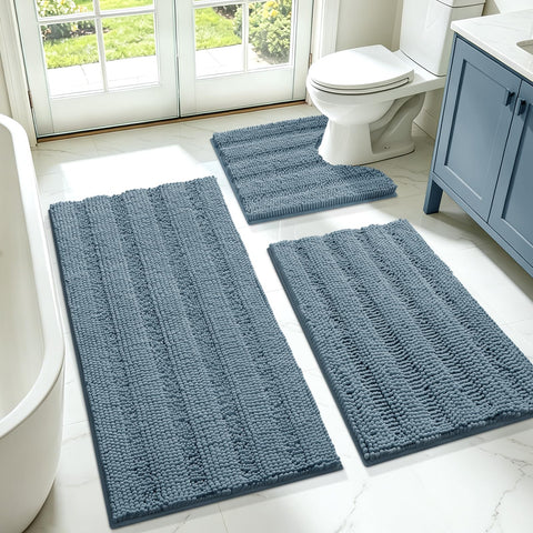 ACCUMTEK SmileYes front view showing three-piece stone blue rug set and plush comfort