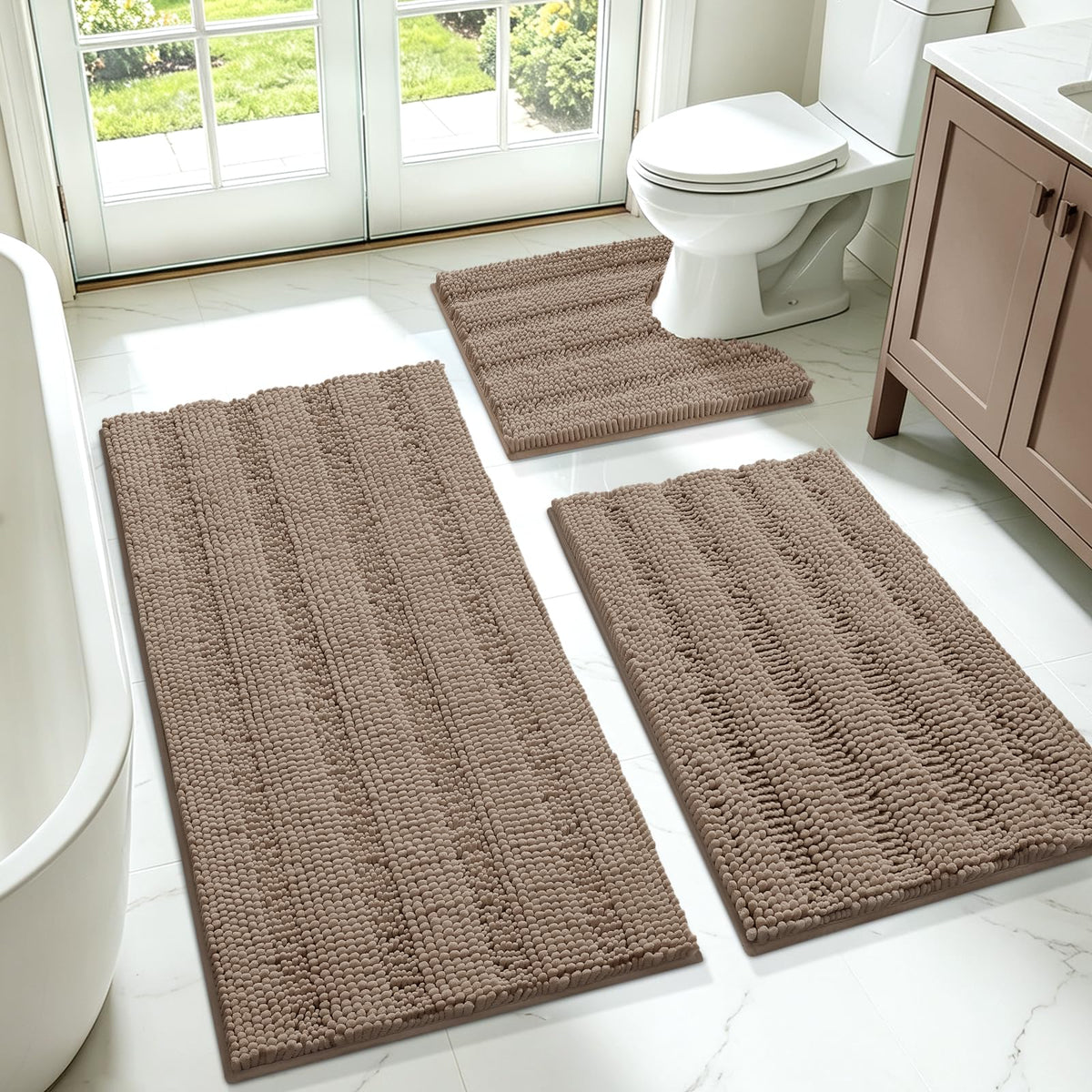 ACCUMTEK front view of striped bath mat showing plush texture and style