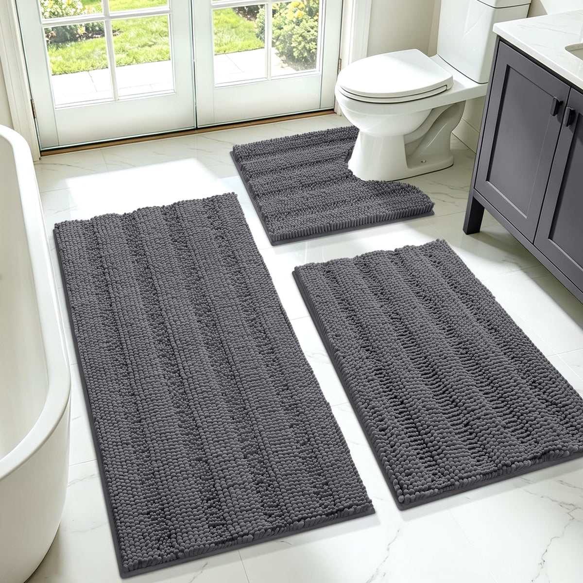 ACCUMTEK three-piece striped grey set front view shows cohesive styling and comfort