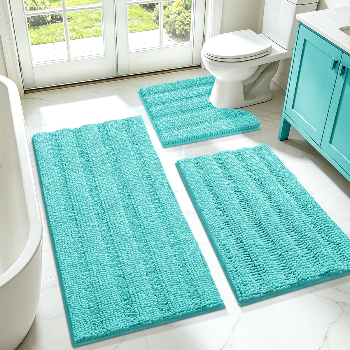 ACCUMTEK front view of striped teal rug set showing coordinated look and comfort