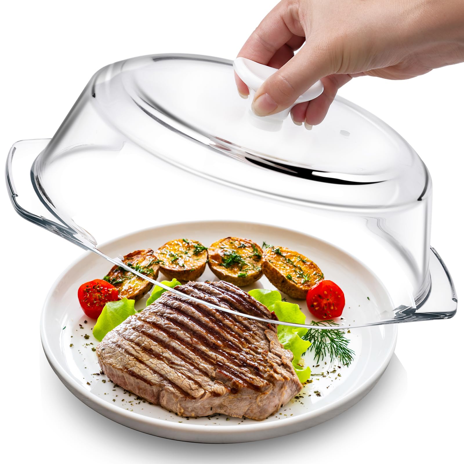 ACEPRUT glass microwave cover front view showing clear dome and ceramic handle benefit easy monitoring
