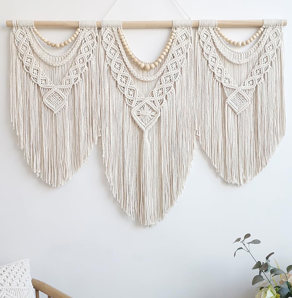 Achart front view of large macrame wall hanging shows boho focal point