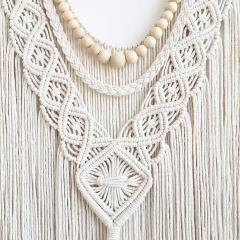 Achart wooden rod and beads detail shows durable hanging hardware