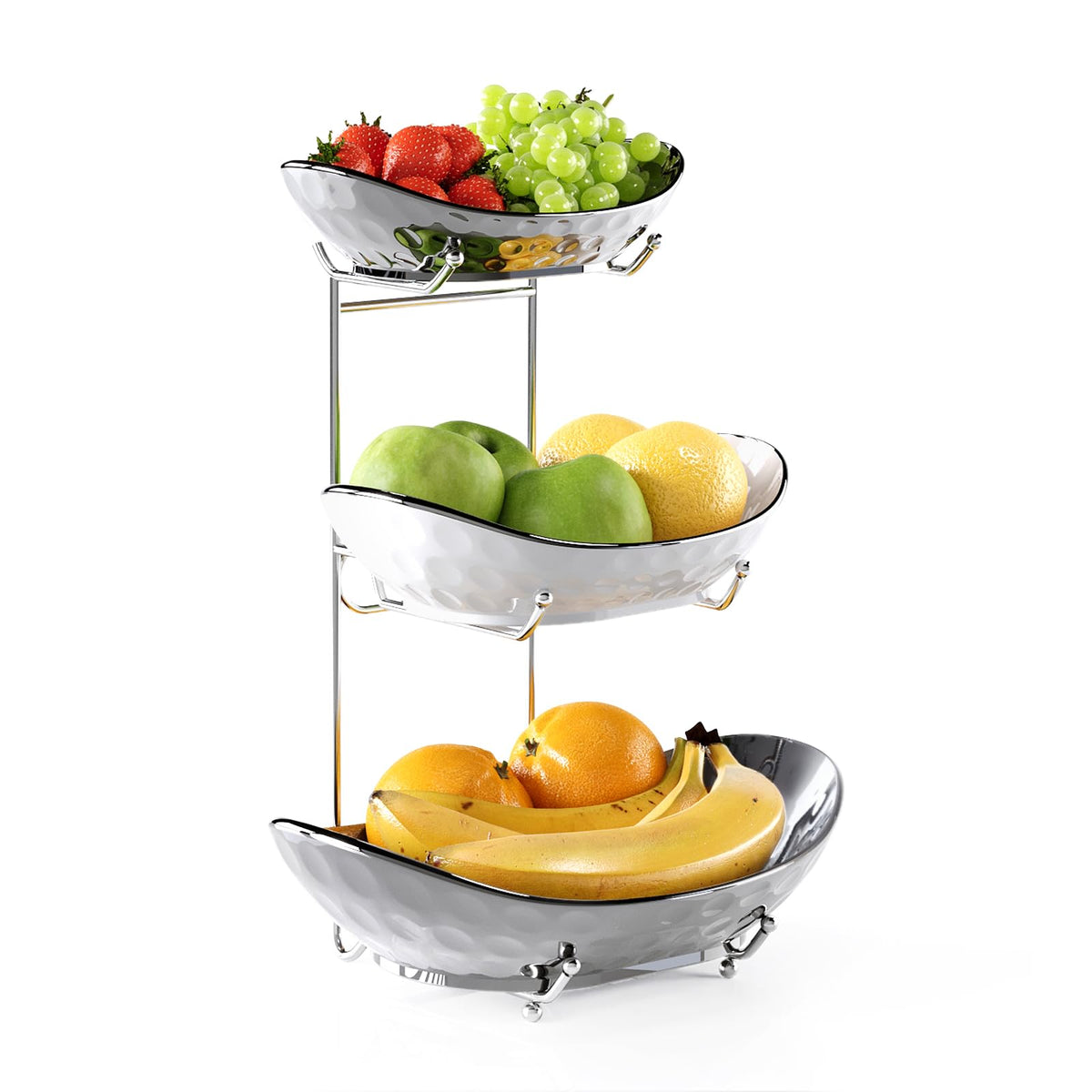Acliys front view of three-tier ceramic fruit bowl showcasing elegant storage
