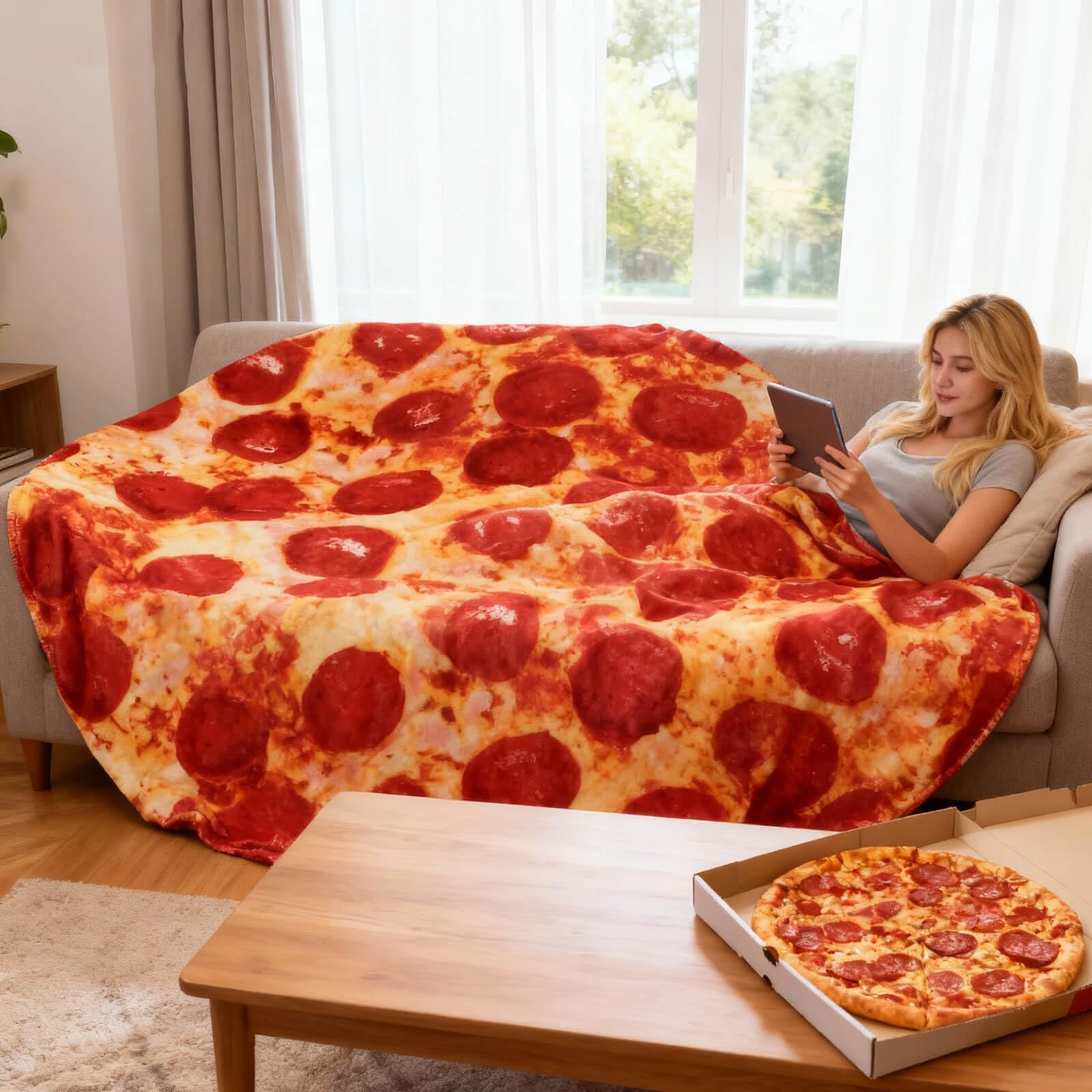 Acteb pepperoni blanket wrapped on person for playful party photos