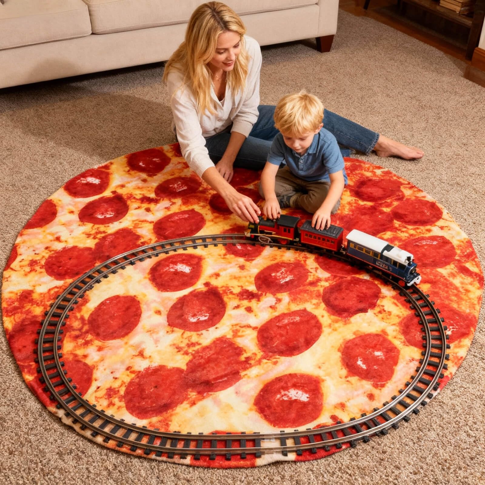 Acteb pepperoni blanket styled on sofa to add bold novelty decor