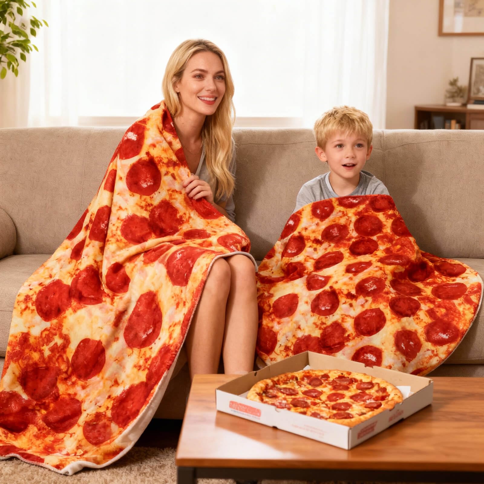 Acteb pepperoni blanket draped over chair to show 85-inch scale