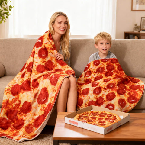 Acteb pepperoni blanket draped over chair to show 85-inch scale