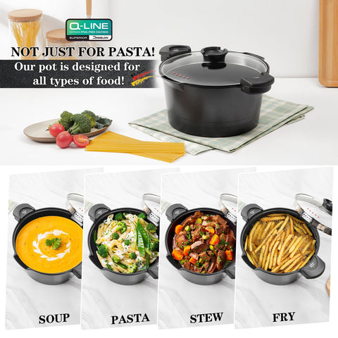ACTIV CUISINE strainer lid mechanism close-up for safer, hands-free draining