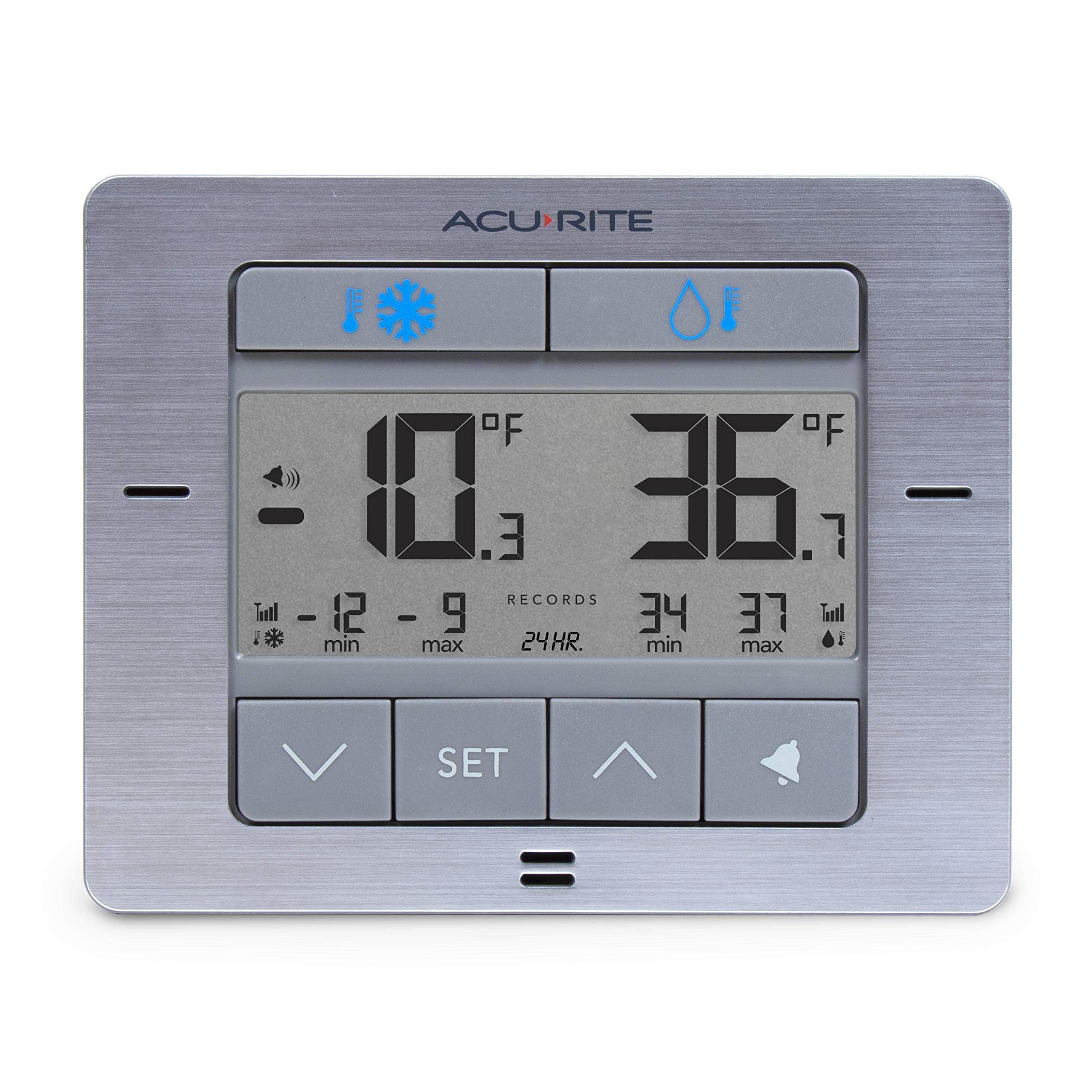 AcuRite display magnet-mounted to fridge for visible temperature alerts