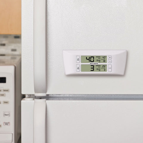 AcuRite fridge sensor close-up attached to shelf for accurate interior monitoring
