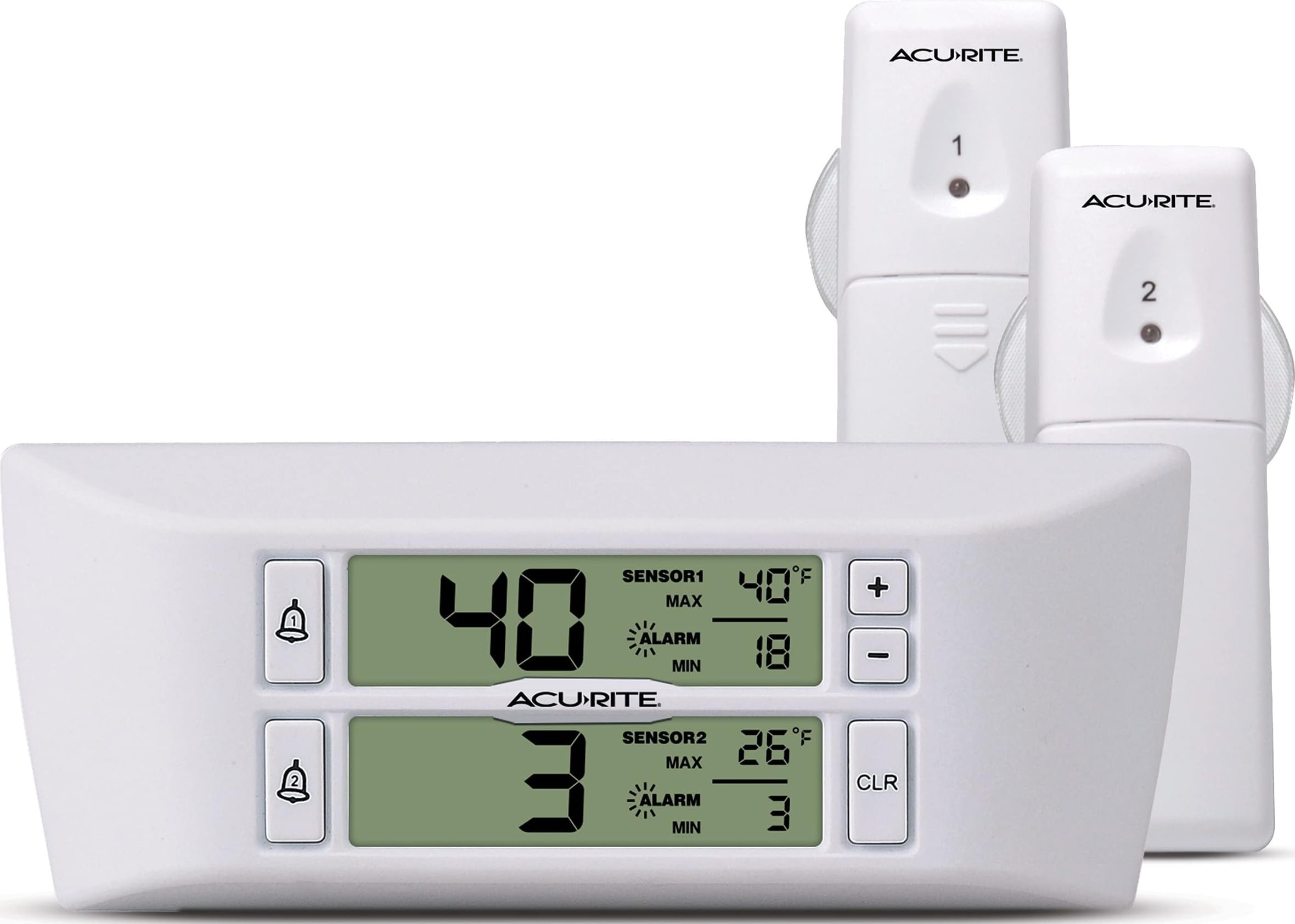 AcuRite front display showing fridge and freezer temperatures and alarm benefit