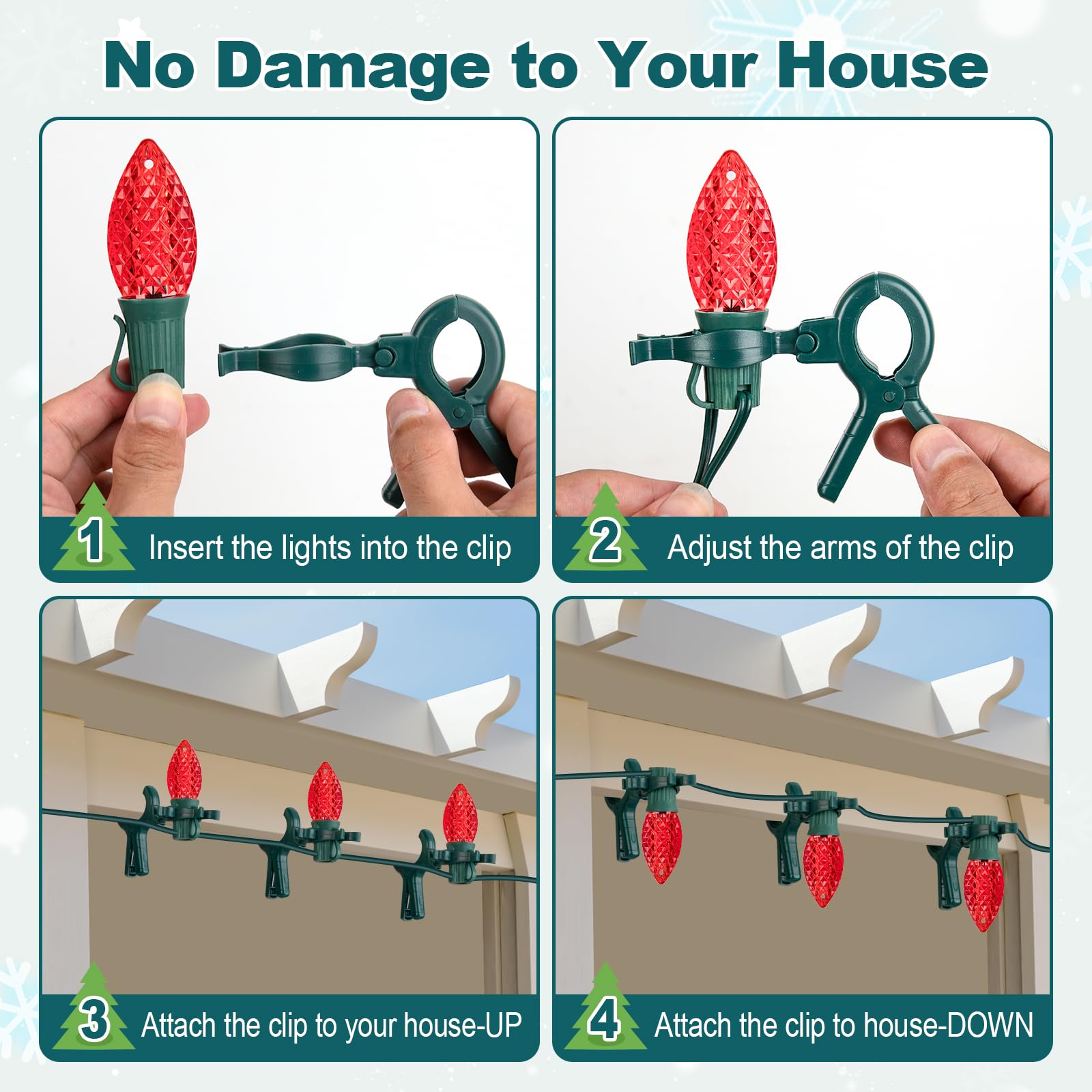 Adamonda clips attached to railing showing outdoor lighting convenience