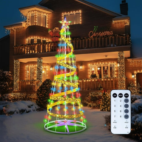 Adamonda cone tree full front view showing bright LEDs and ribbon for festive curb appeal