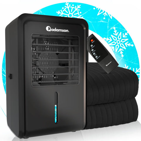 Adamson B10 Twin front view showing cooling pad and compact chiller, clearer sleep comfort