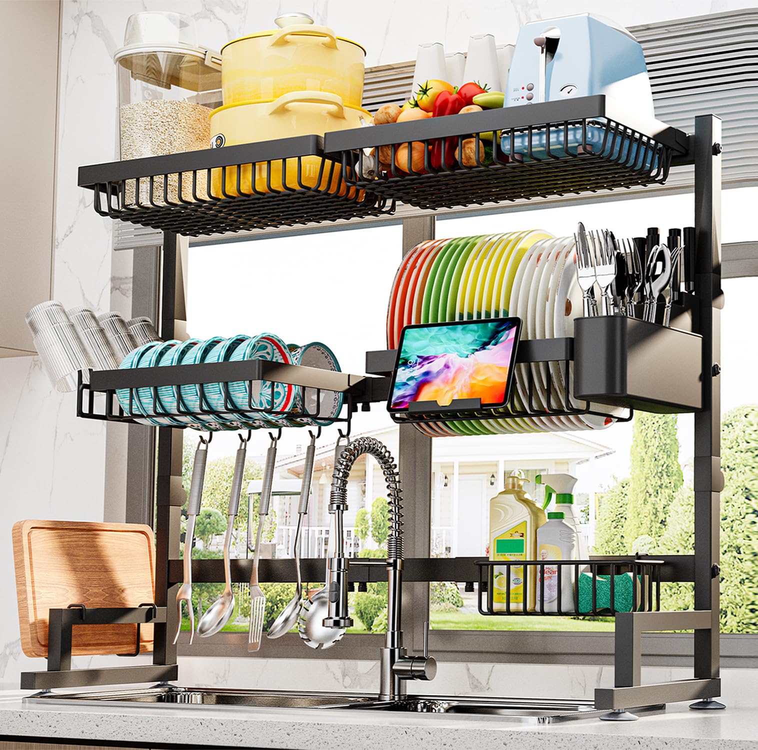 ADBIU front view showing entire three-tier rack over sink and space savings