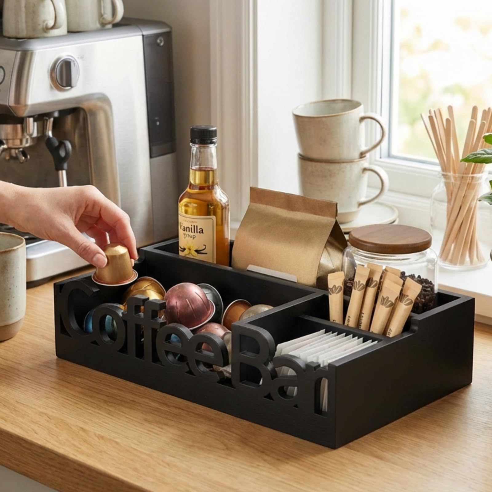 ADDFIT HOUSE holding sugar packets and stirrers for easy access