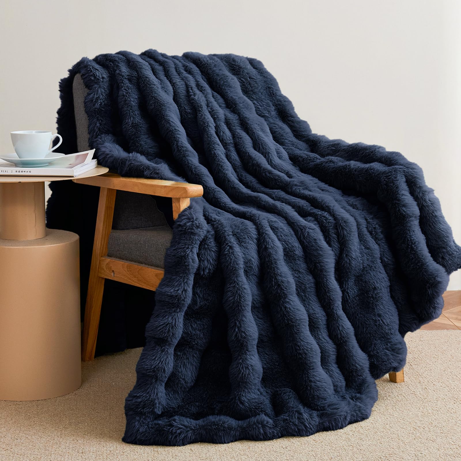 Admitrack front view navy throw showing full drape and color, cozy styling