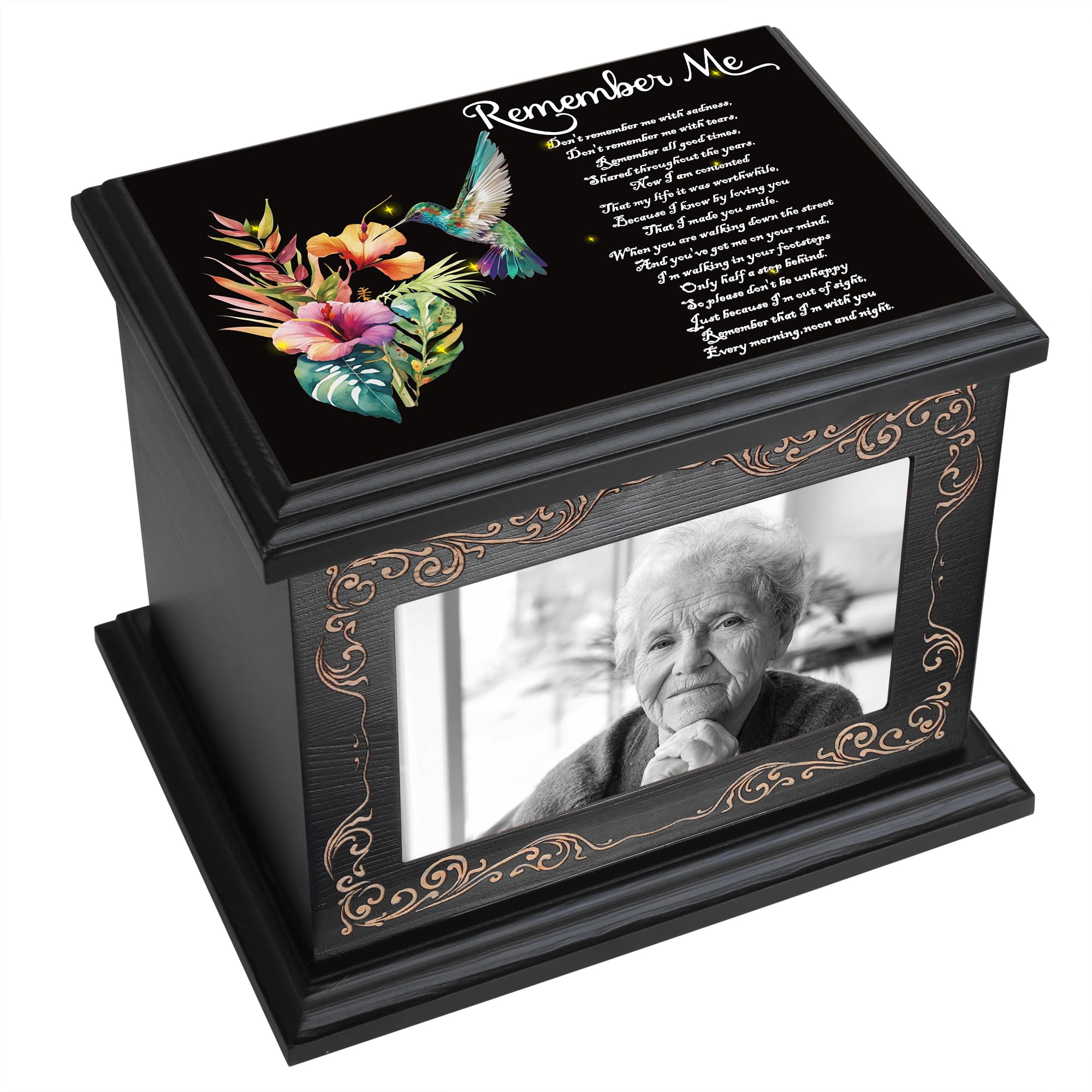 ADMLC front view wooden urn with photo frame showing dignified display