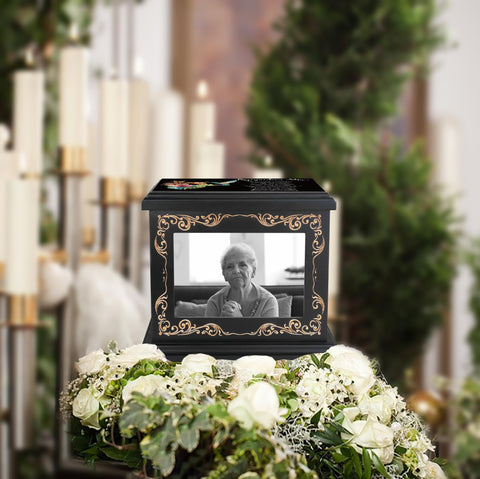 ADMLC urn on mantel size comparison illustrating compact footprint