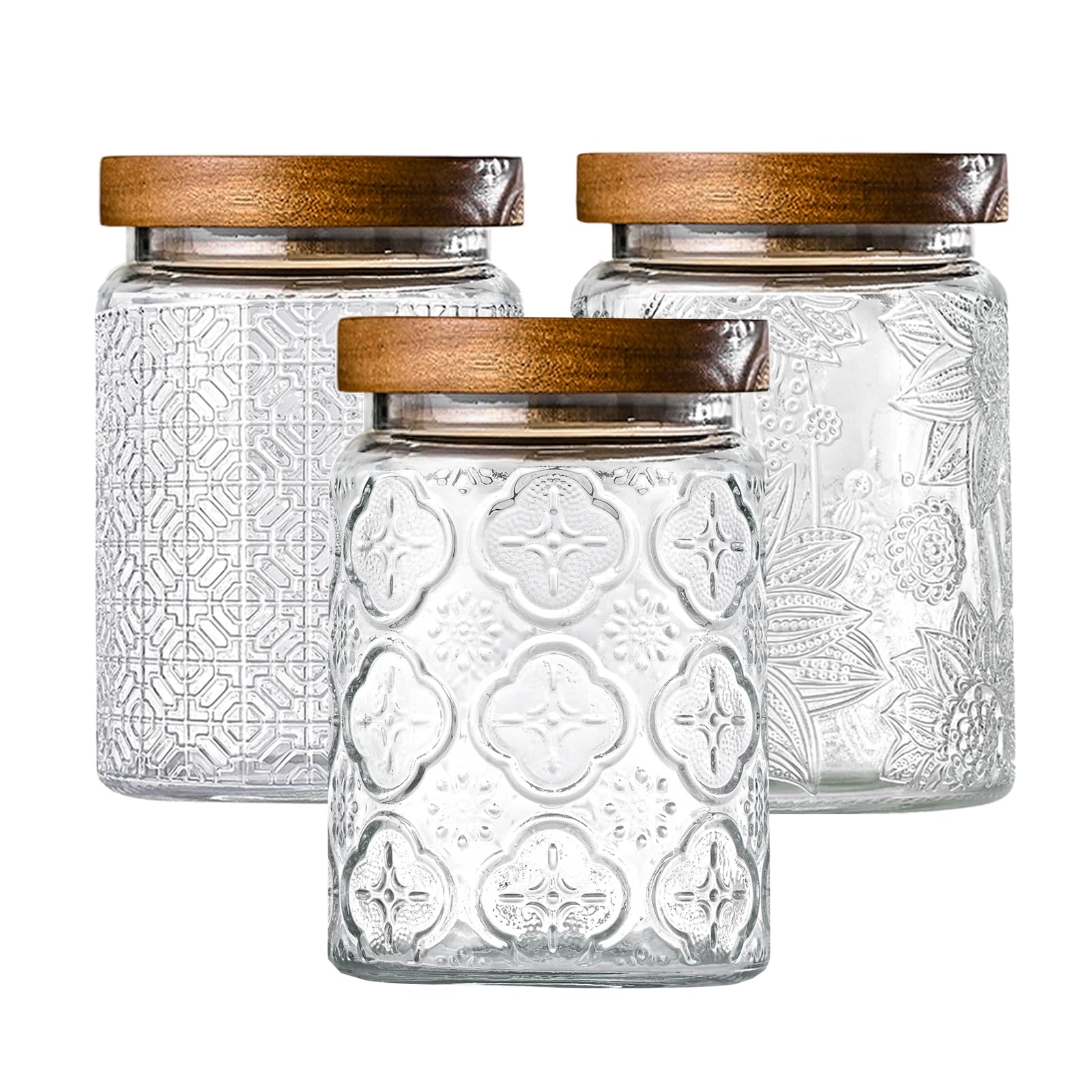Adodeen front view of three 24oz jars showing clear glass and tidy storage benefit