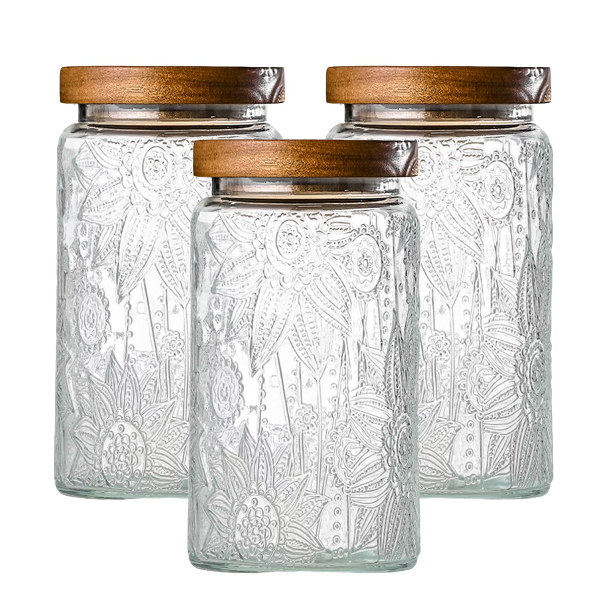 Adodeen front view of three glass jars showcasing organized pantry benefit