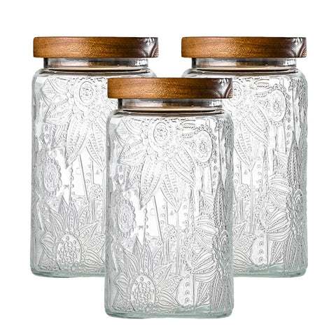 Adodeen front view of three glass jars showcasing organized pantry benefit