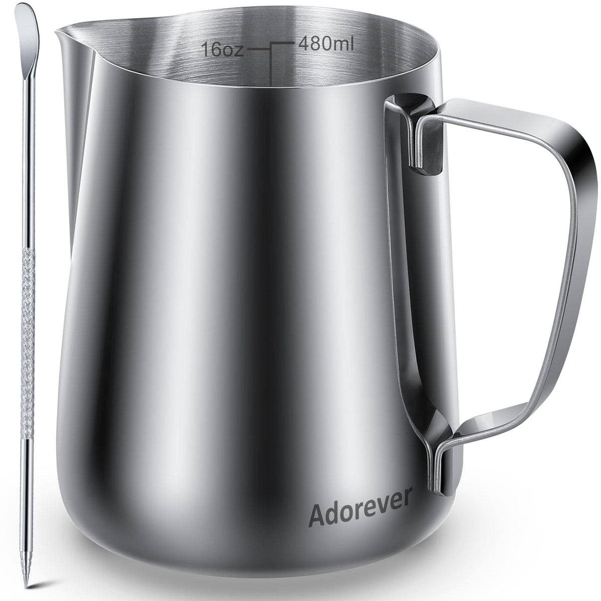 Adorever pitcher front view showing clean steel finish and durable build benefits