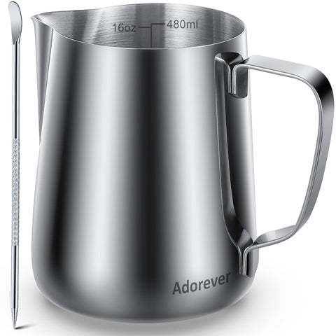 Adorever pitcher front view showing clean steel finish and durable build benefits