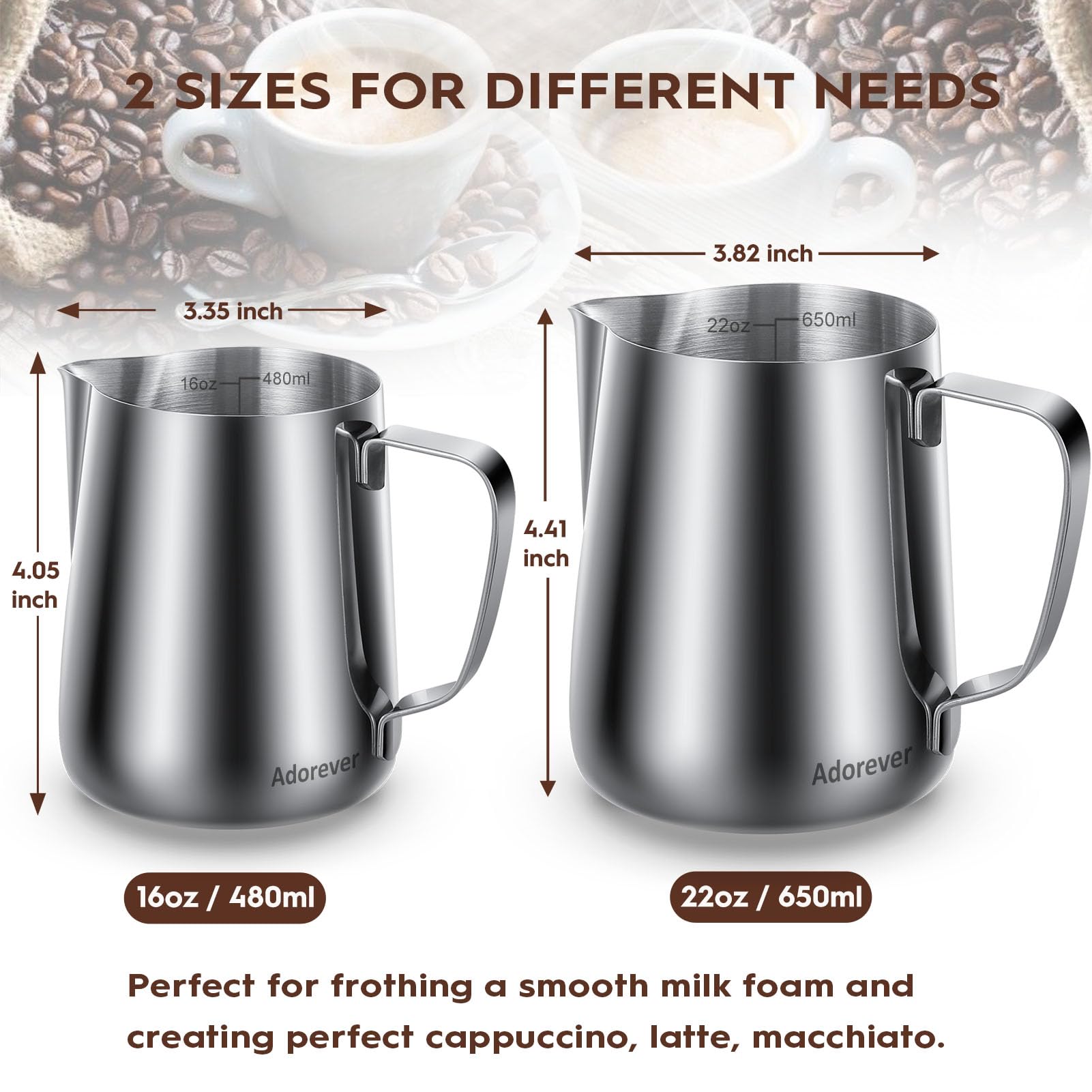 Adorever pitcher interior markings close-up for accurate milk measurement and less waste